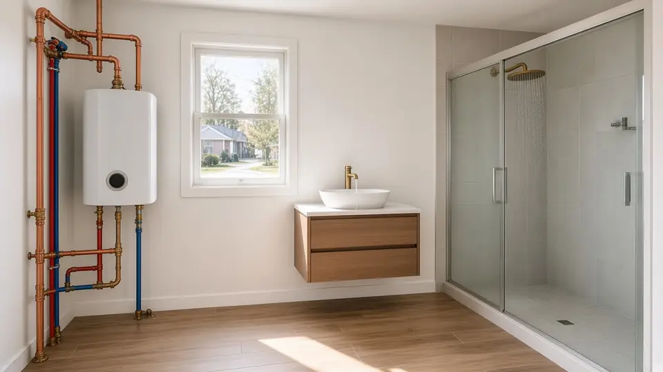 After: a bright finished bathroom with a new wall-mounted water heater, floating vanity and glass shower