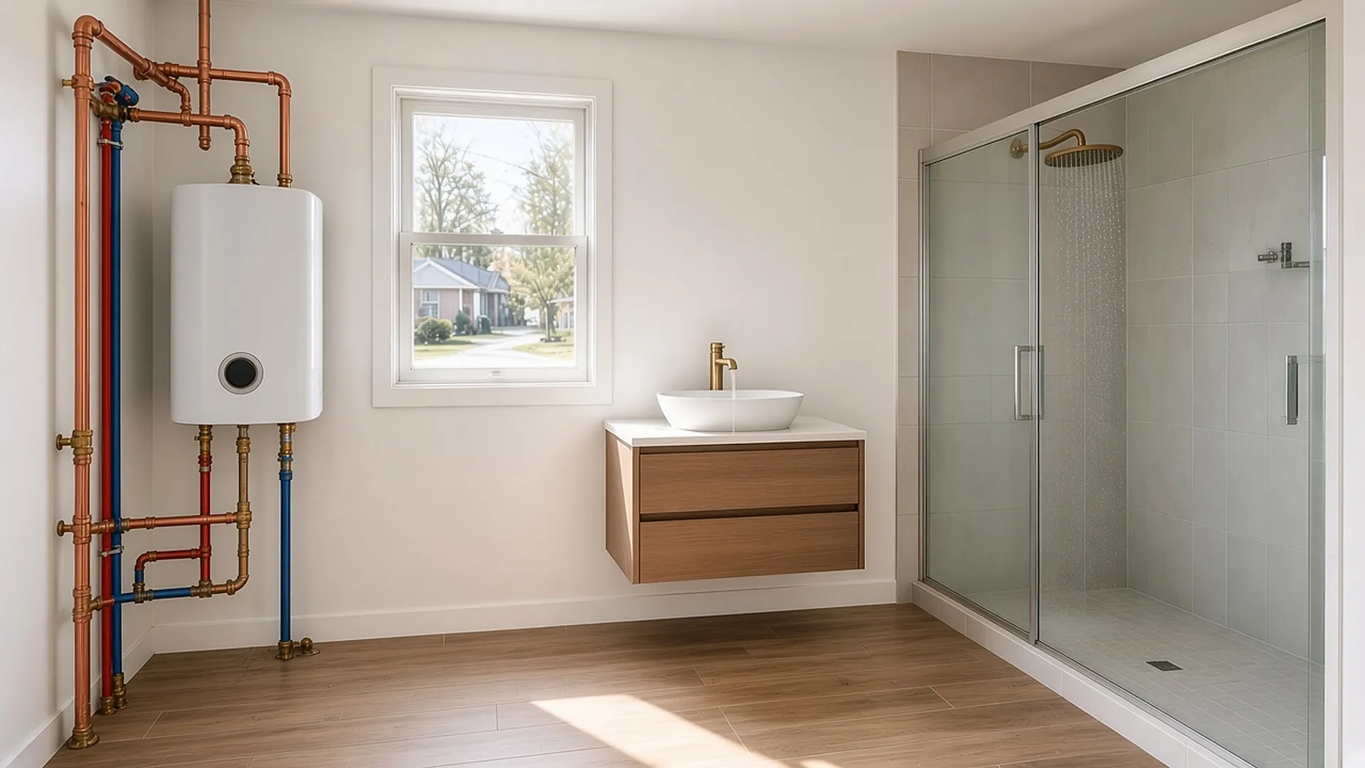 After: a bright finished bathroom with a new wall-mounted water heater, floating vanity and glass shower