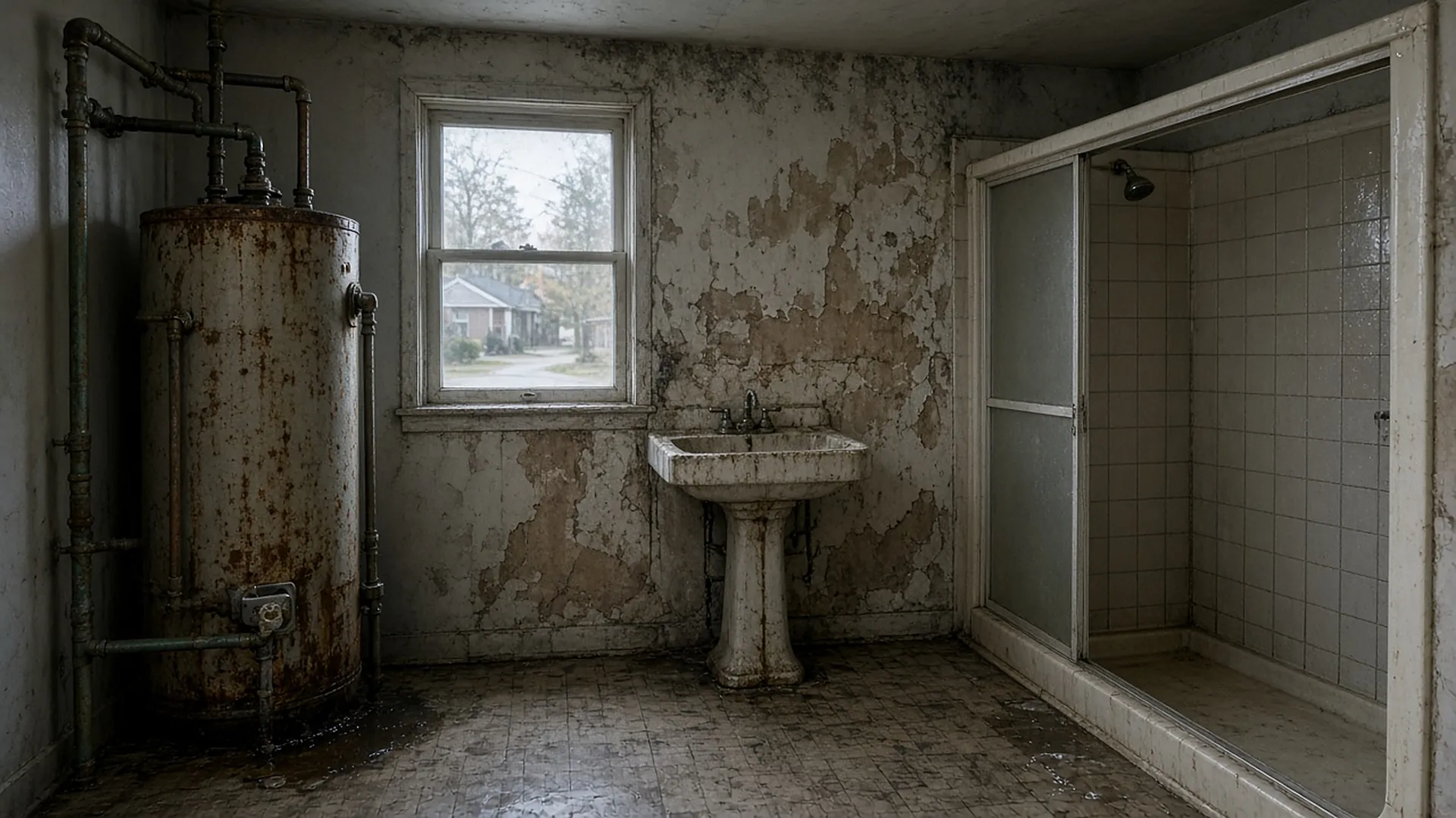 Before: a rusty, leaking water heater, peeling walls and a stained pedestal sink in an old bathroom