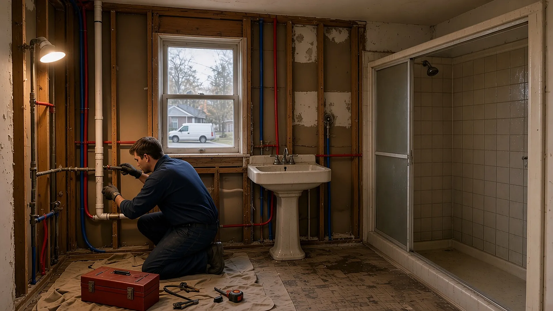 During: a Summit plumber runs new red and blue PEX and white PVC through the open wall studs